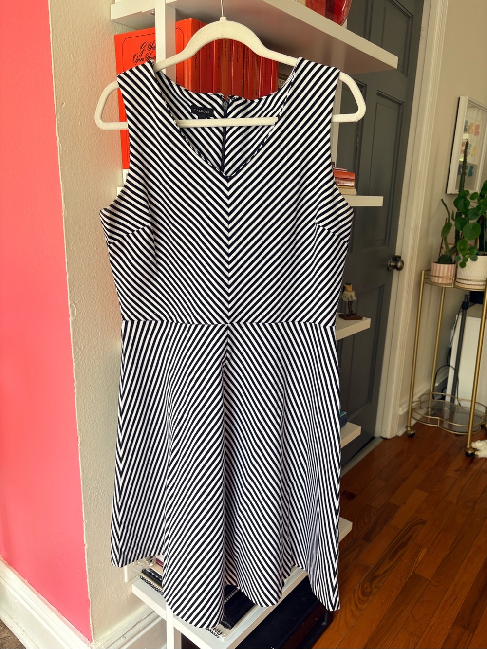 Talbots Black and White Striped V-Neck Fit & Flare Dress